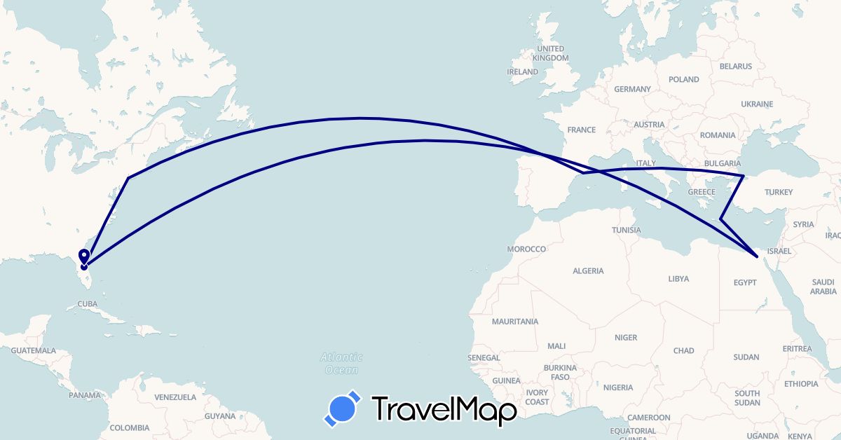 TravelMap itinerary: driving in Egypt, Spain, Greece, Turkey, United States (Africa, Asia, Europe, North America)